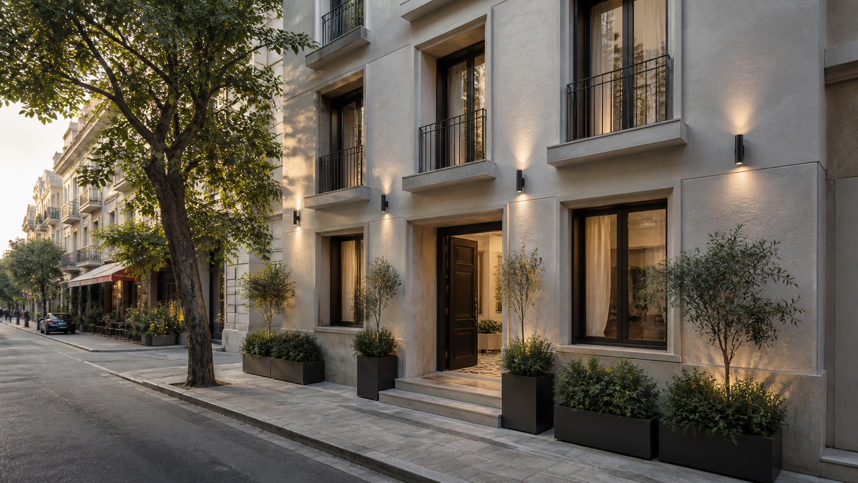 Illustrative Athens street and completed residential conversion building exterior