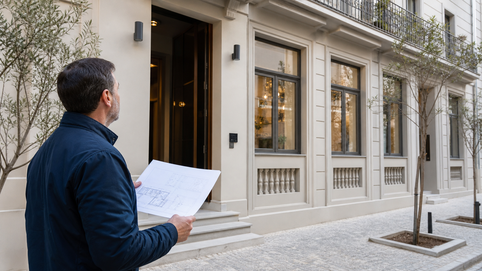 Illustrative engineer reviewing a conversion project building in Athens