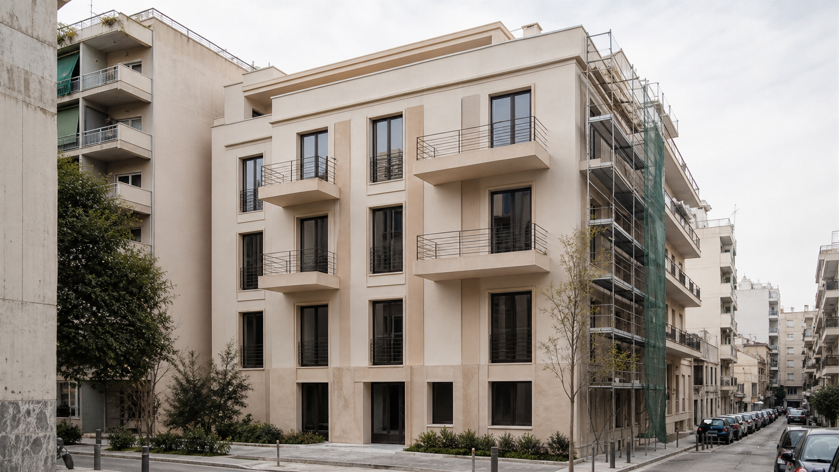 Illustrative Athens commercial-to-residential conversion building exterior