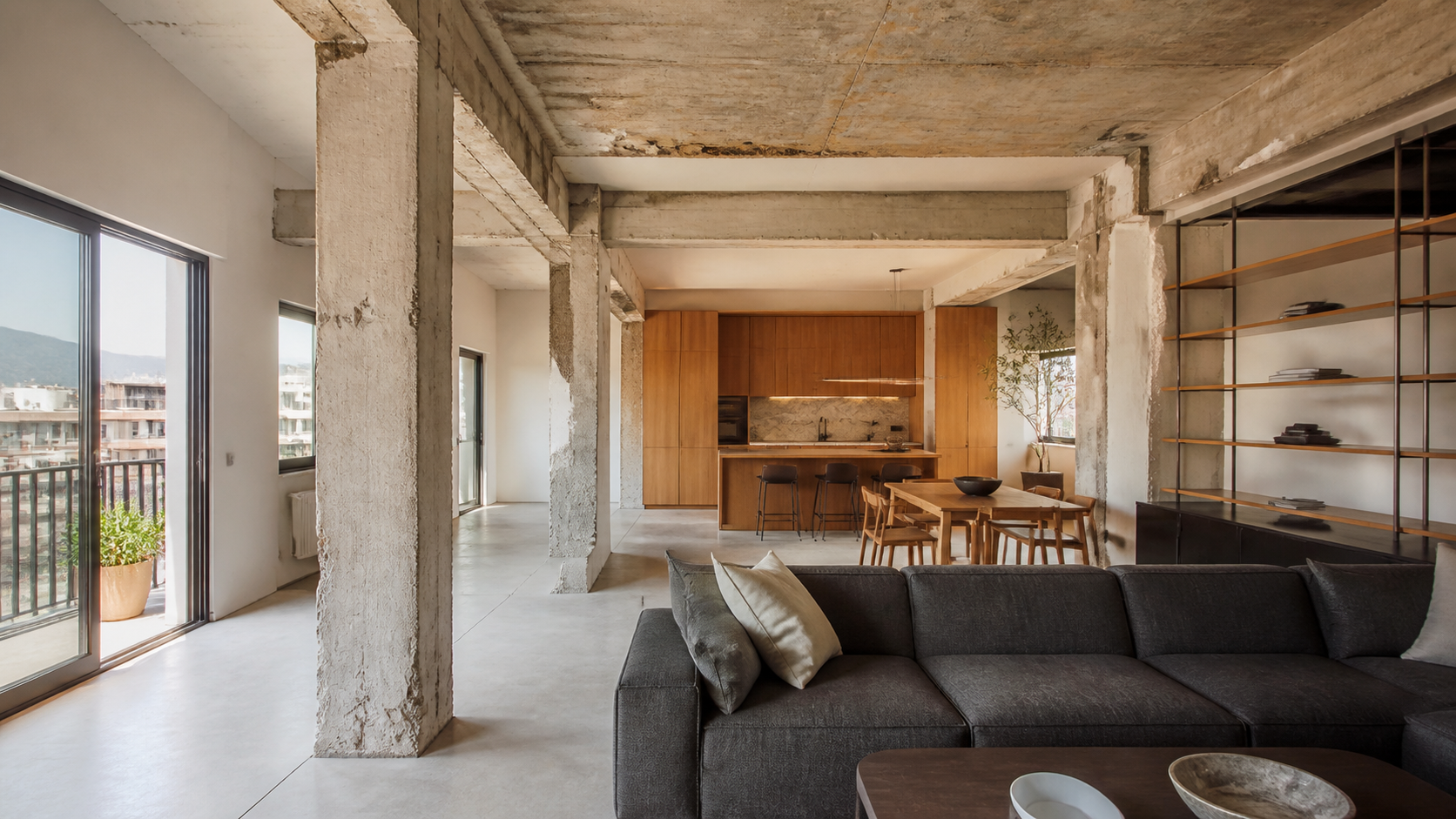 Illustrative commercial-to-residential conversion apartment interior in Athens