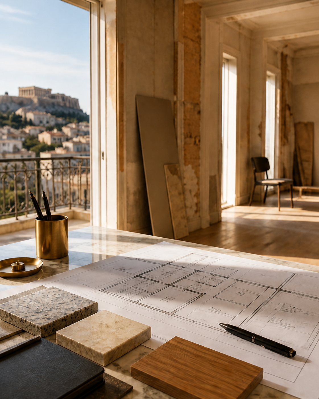 Architectural plans and material samples inside an Athens renovation project