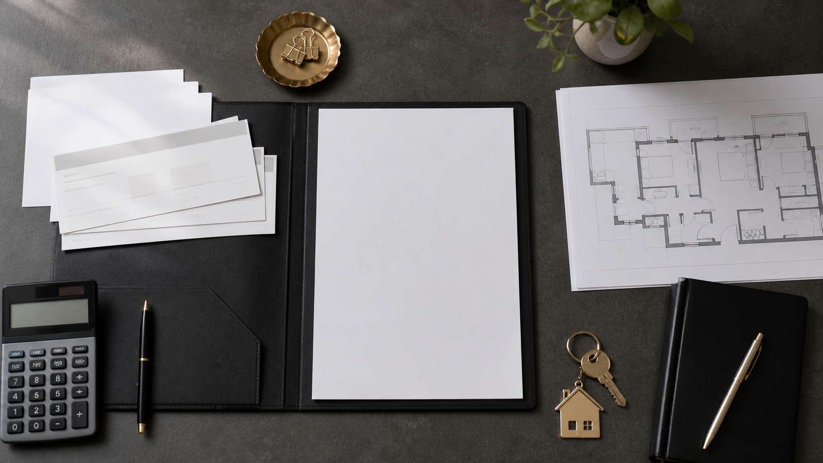 Illustrative property-purchase due-diligence desk with unmarked documents and keys